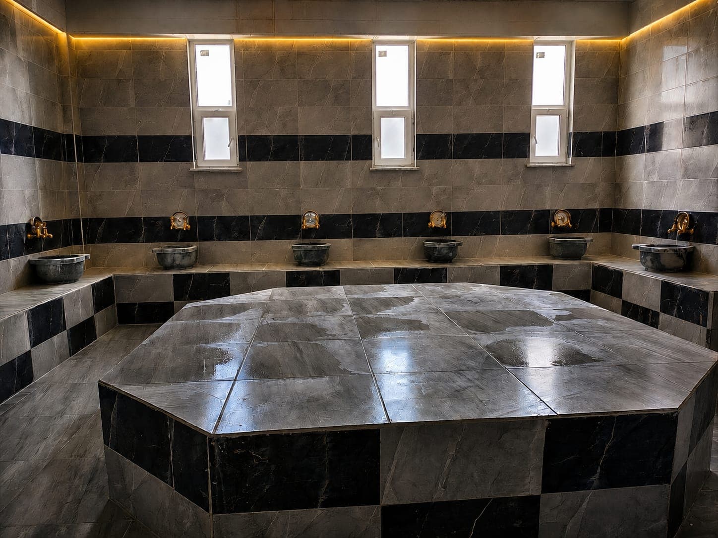 Spa merkezindeki Türk hamamı: göbek taşı ve kurnalar