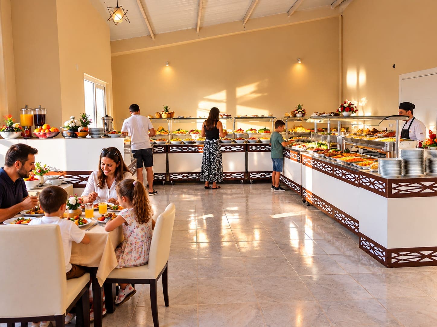 Restoran salonu, açık büfe hattı ve masalar