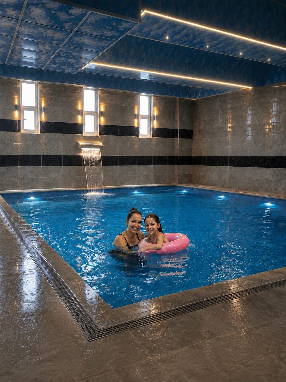 Kapalı termal havuz, şelalesi ve misafirleriyle