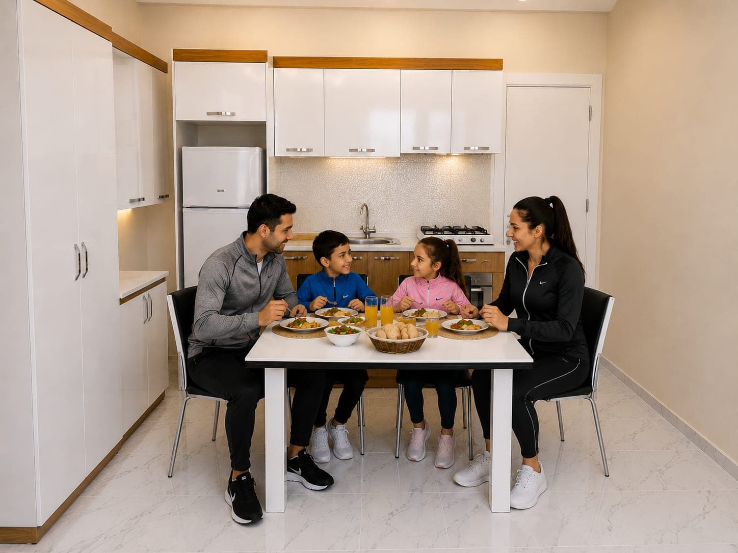 Dairenin mutfağında kahvaltı eden bir aile