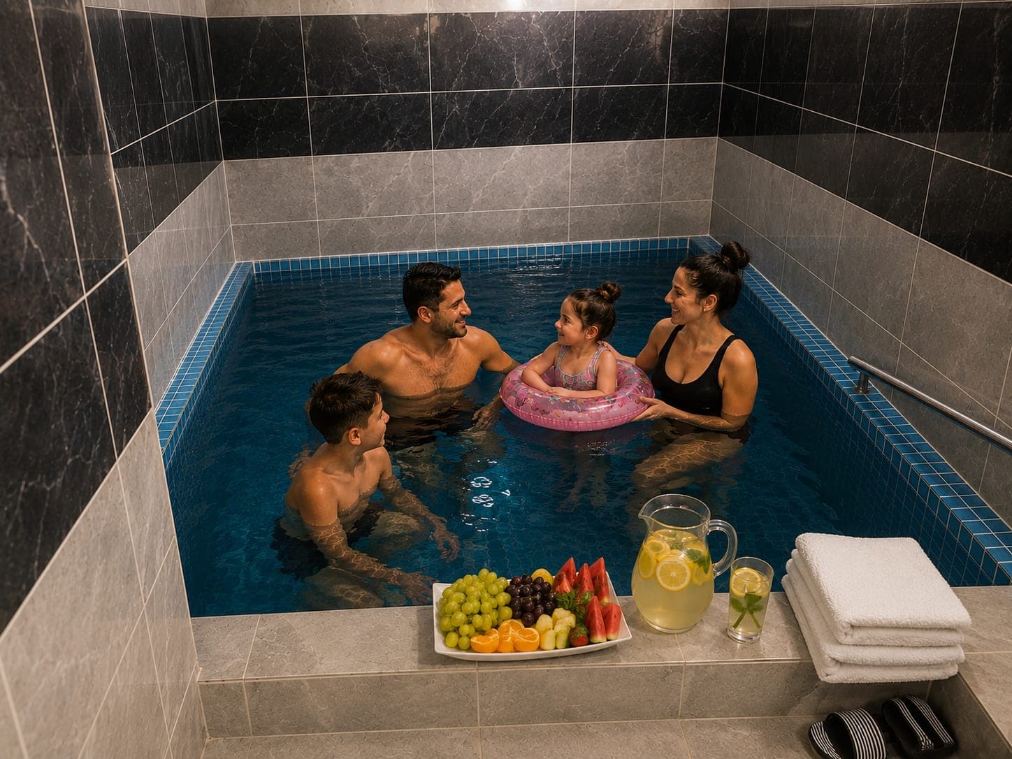 Odadaki termal havuzda dört kişilik bir aile